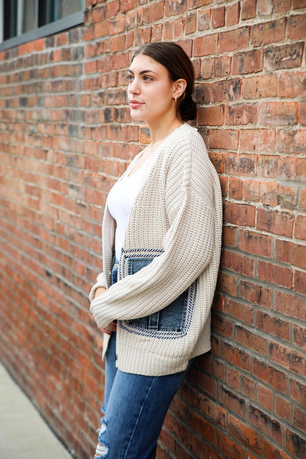 Knit Cardigan With Denim Pockets