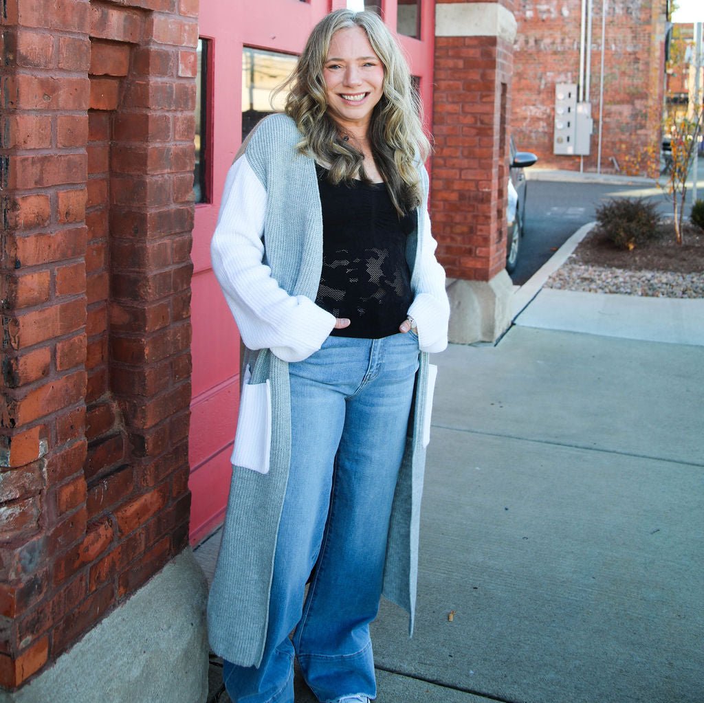 Elan Grey Color Block Long Cardigan