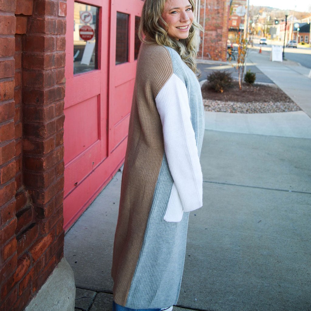 Elan Grey Color Block Long Cardigan