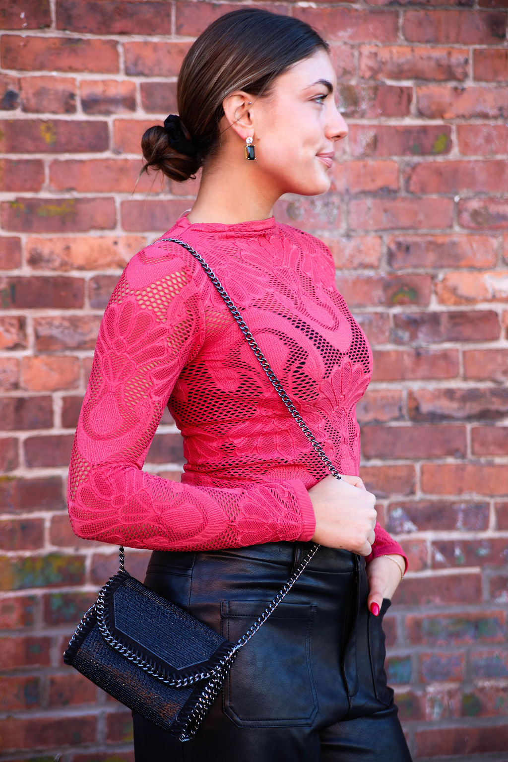 By Together Crimson Jacquard Fishnet Layering Top