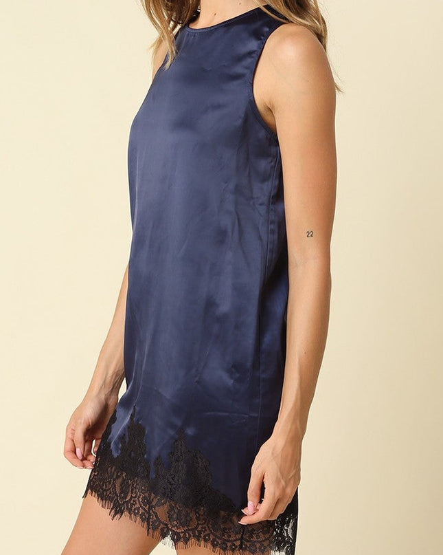 Navy Black Camila Lace Trim Satin Mini Dress