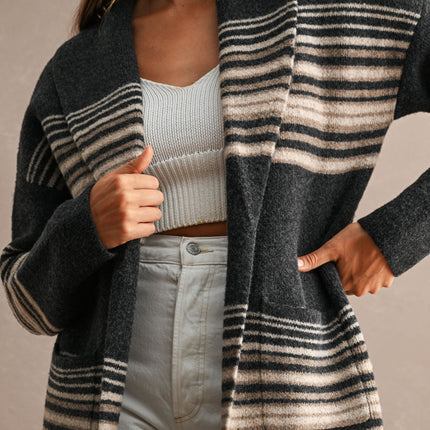 Charcoal Multi Striped Open Front Cardigan