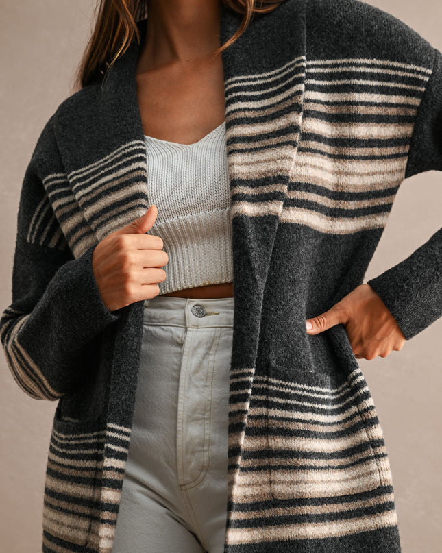 Charcoal Multi Striped Open Front Cardigan