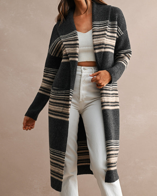 Charcoal Multi Striped Open Front Cardigan