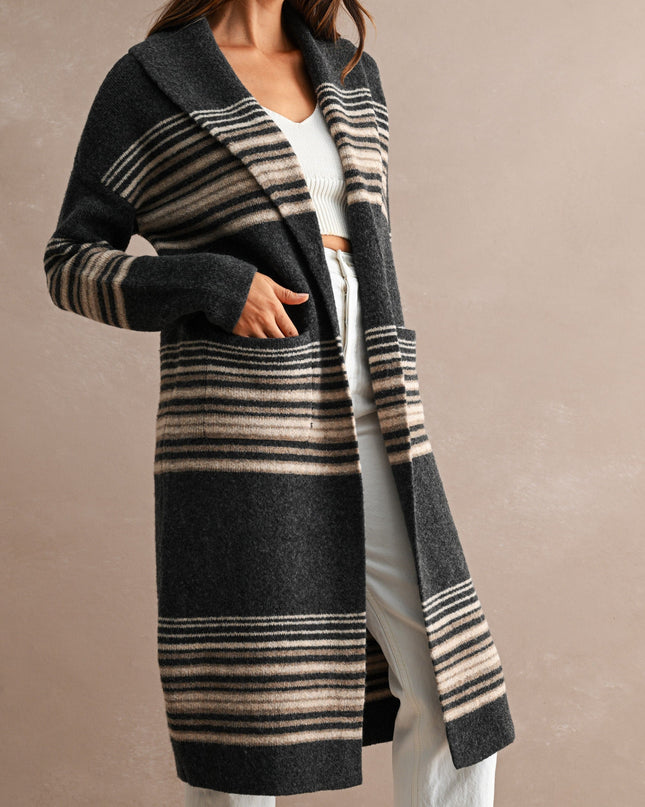 Charcoal Multi Striped Open Front Cardigan