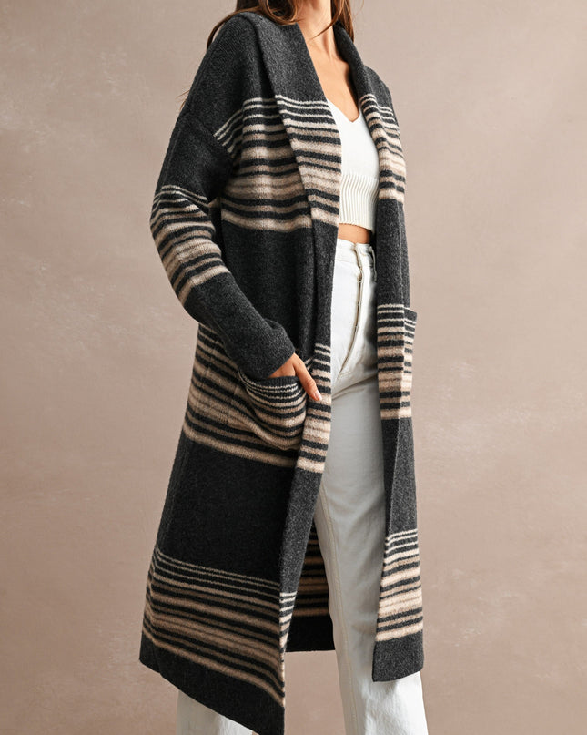 Charcoal Multi Striped Open Front Cardigan