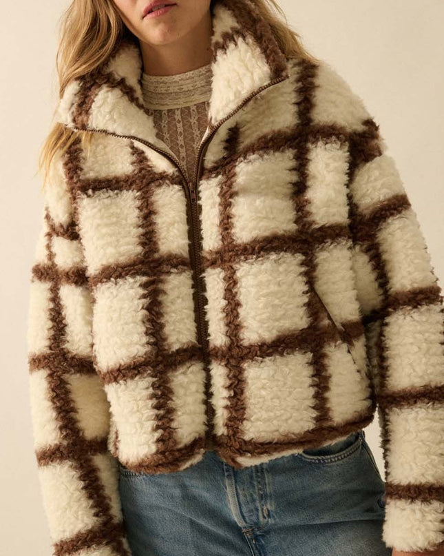 Cream and Brown Check-print Fleece Jacket