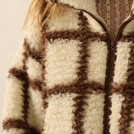 Cream and Brown Check-print Fleece Jacket