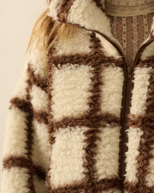 Cream and Brown Check-print Fleece Jacket