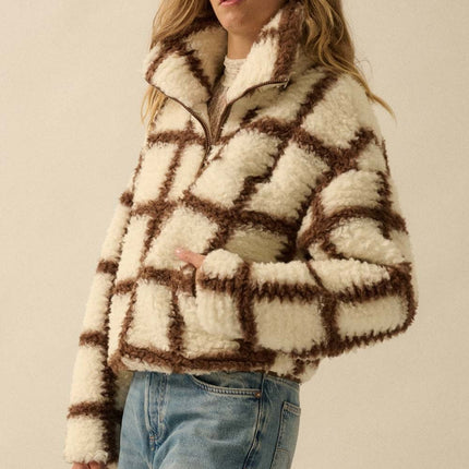 Cream and Brown Check-print Fleece Jacket