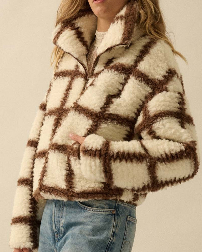 Cream and Brown Check-print Fleece Jacket