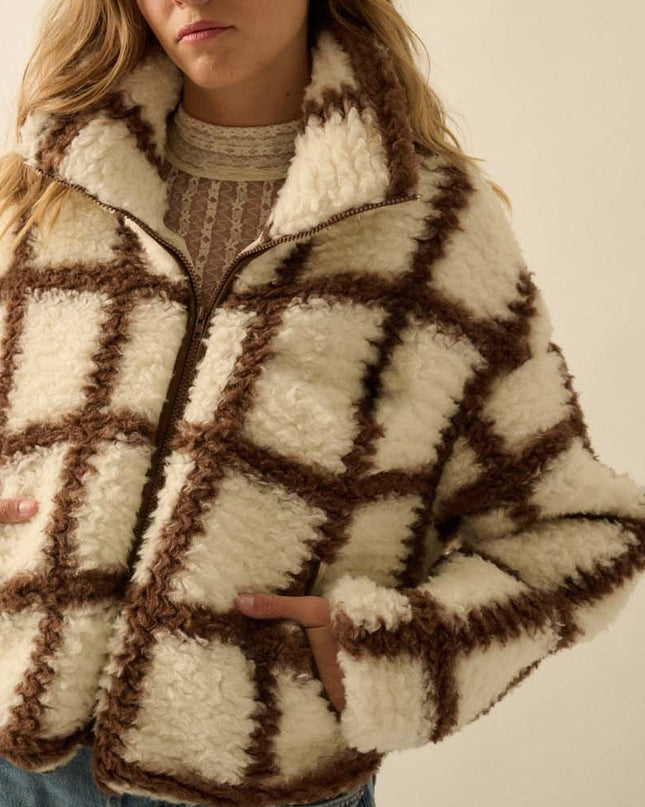 Cream and Brown Check-print Fleece Jacket
