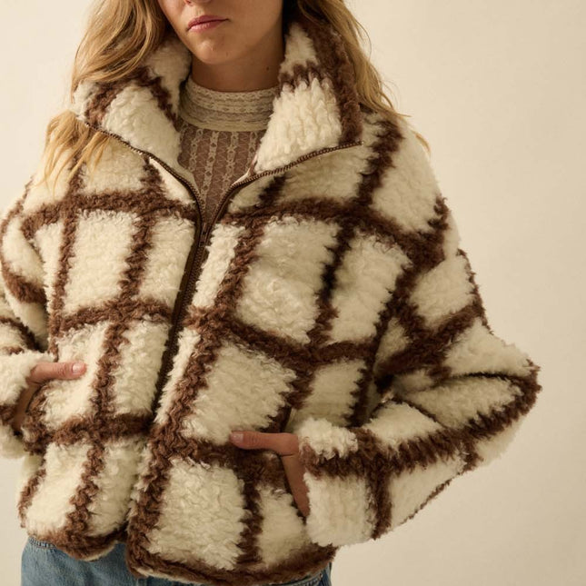 Cream and Brown Check-print Fleece Jacket