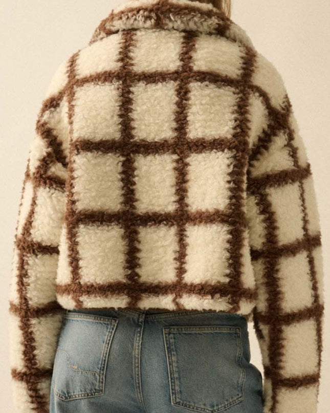Cream and Brown Check-print Fleece Jacket