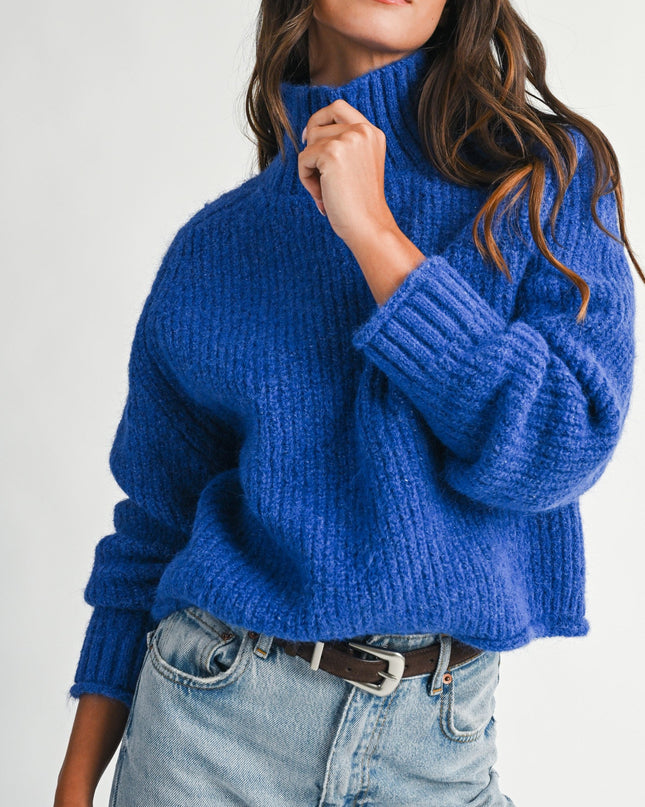 Cobalt Blue Soft Brushed Mock Neck Sweater
