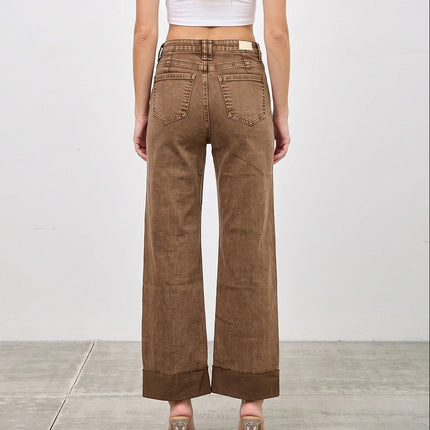 Coffee High Rise Straight With Cuff Jeans