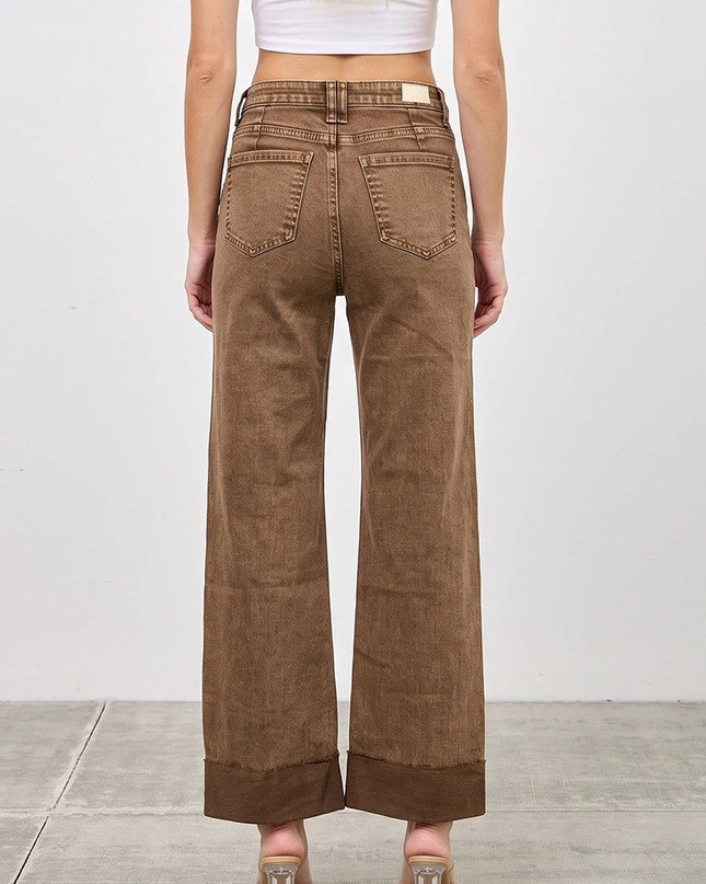 Coffee High Rise Straight With Cuff Jeans