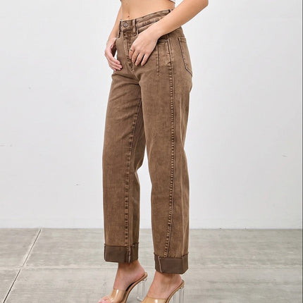Coffee High Rise Straight With Cuff Jeans