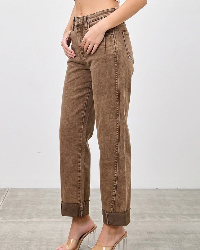 Coffee High Rise Straight With Cuff Jeans