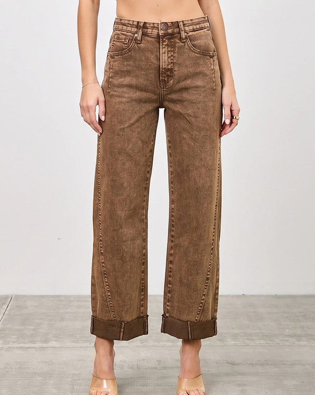 Coffee High Rise Straight With Cuff Jeans
