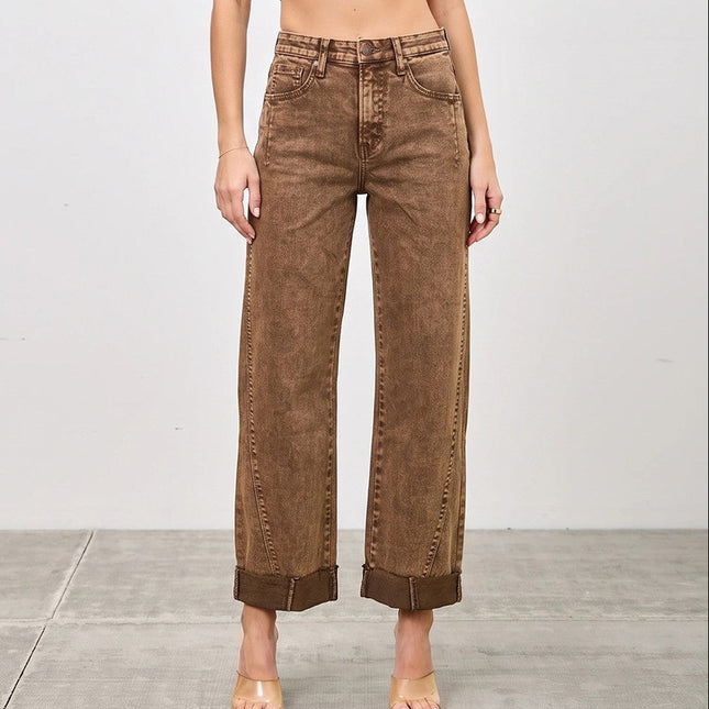 Coffee High Rise Straight With Cuff Jeans