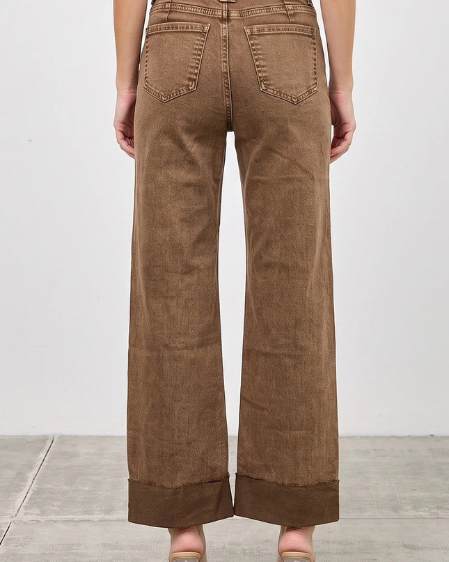 Coffee High Rise Straight With Cuff Jeans