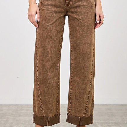 Coffee High Rise Straight With Cuff Jeans