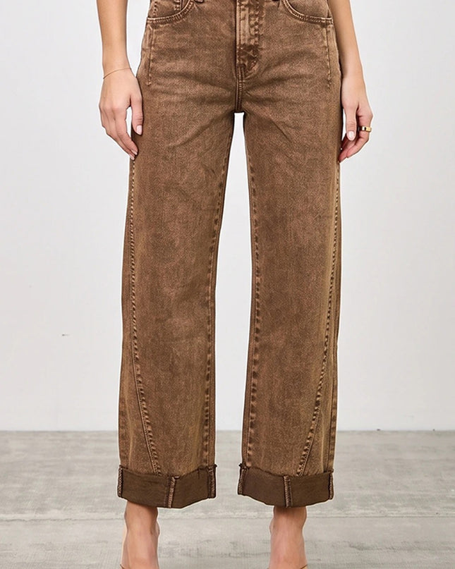 Coffee High Rise Straight With Cuff Jeans