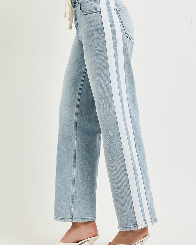 Contrast Stripe Drawstring Waist Denim