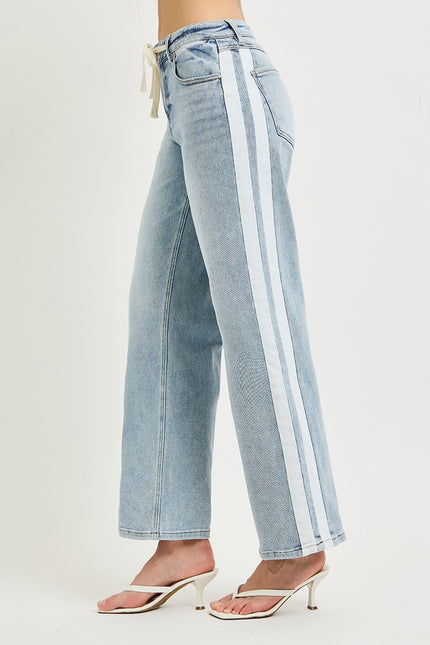 Contrast Stripe Drawstring Waist Denim