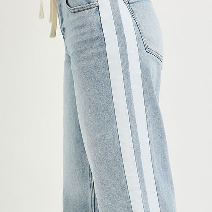 Contrast Stripe Drawstring Waist Denim