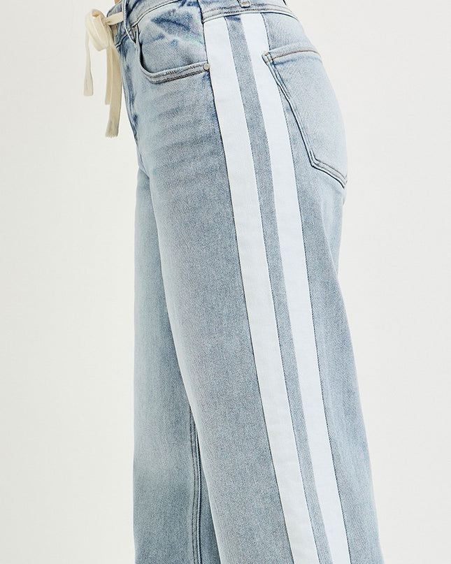 Contrast Stripe Drawstring Waist Denim