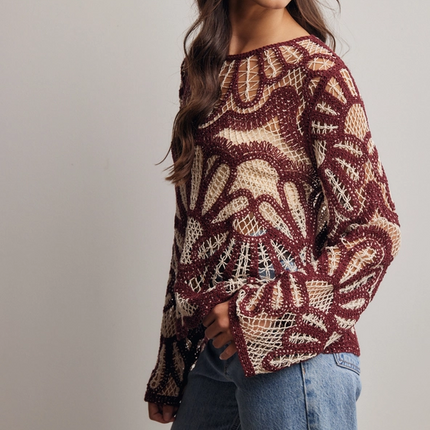 Cinnamon Crochet Floral Pattern Sweater