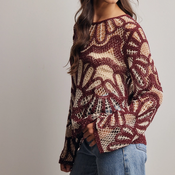 Cinnamon Crochet Floral Pattern Sweater