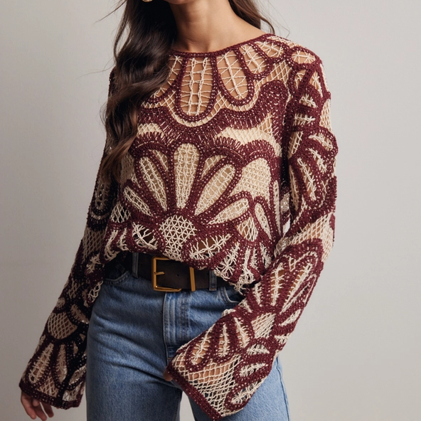 Cinnamon Crochet Floral Pattern Sweater