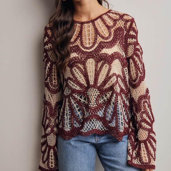 Cinnamon Crochet Floral Pattern Sweater