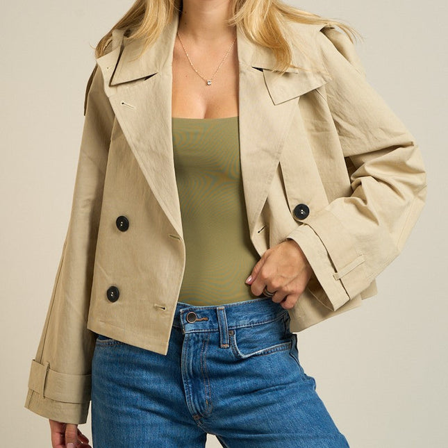 Khaki Cropped Double-breasted Trench Jacket - Shop Simply Apparel