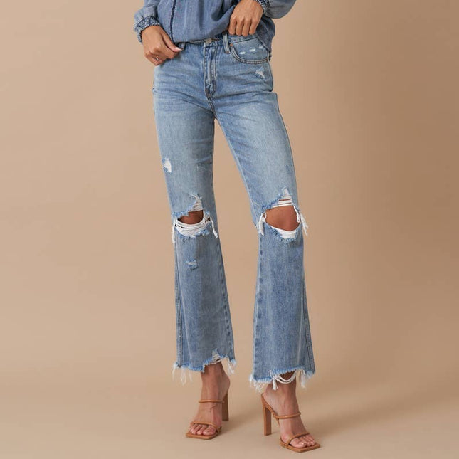 Distressed Cropped Flare Denim