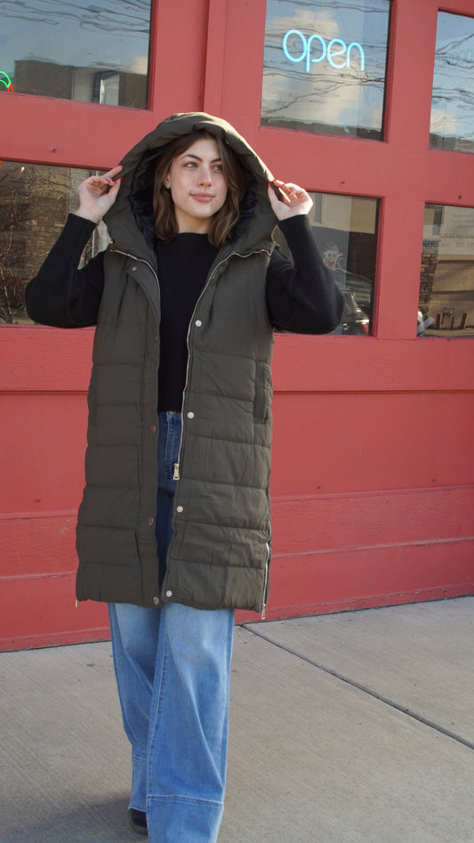 Olive Longline Puffer Hooded Vest