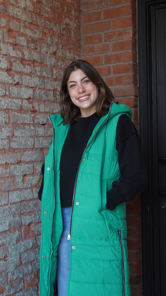 Green Longline Puffer Hooded Vest