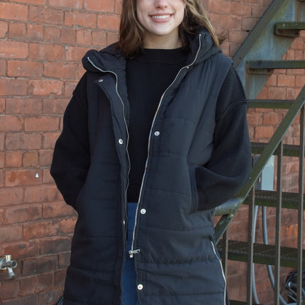 Black Longline Puffer Hooded Vest - Shop Simply Apparel