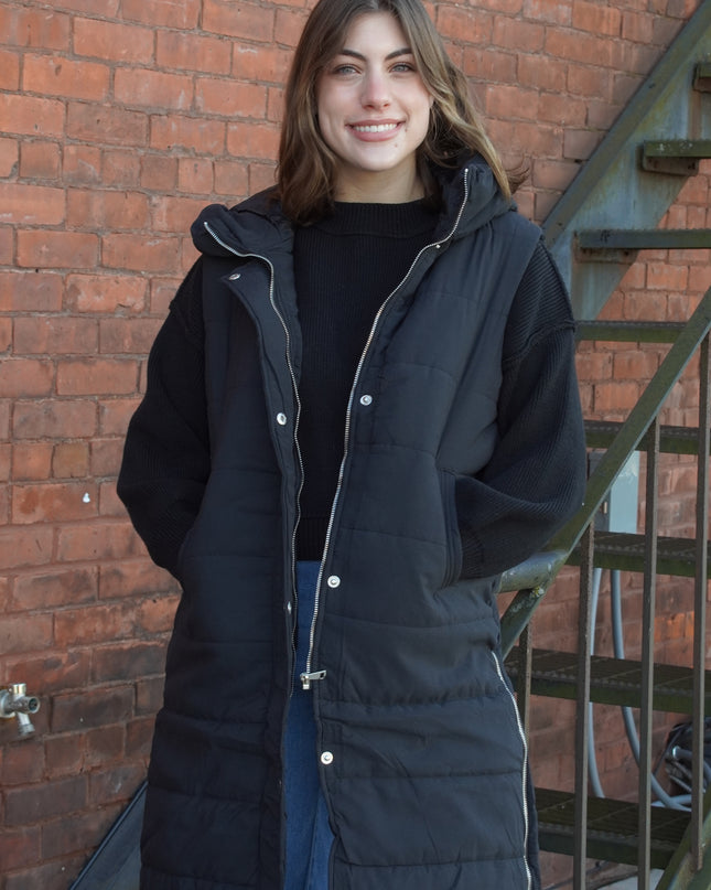 Black Longline Puffer Hooded Vest - Shop Simply Apparel