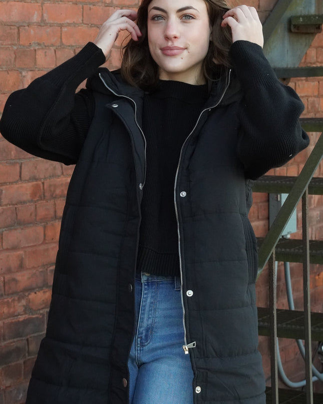 Black Longline Puffer Hooded Vest - Shop Simply Apparel