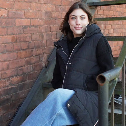 Black Longline Puffer Hooded Vest - Shop Simply Apparel