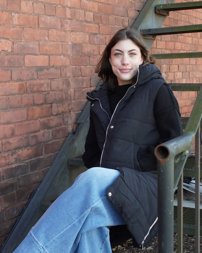 Black Longline Puffer Hooded Vest - Shop Simply Apparel