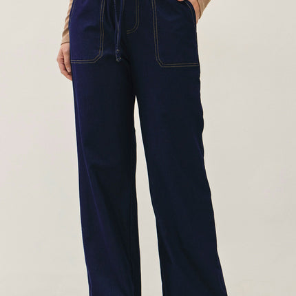 Dark Wash Knit Denim Wide Leg Pull On Pants