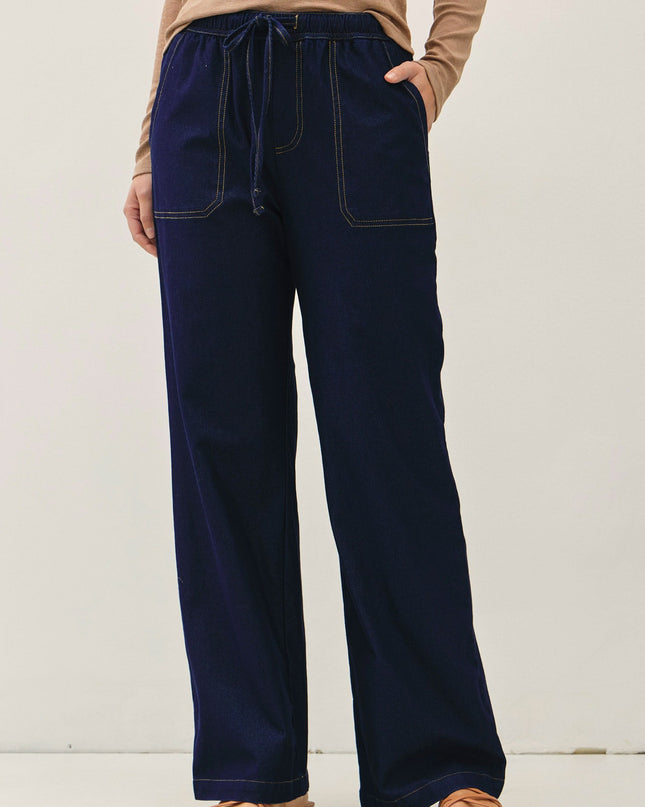 Dark Wash Knit Denim Wide Leg Pull On Pants