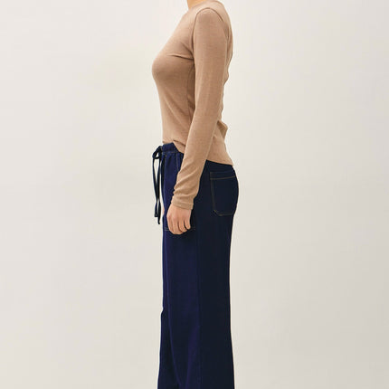 Dark Wash Knit Denim Wide Leg Pull On Pants