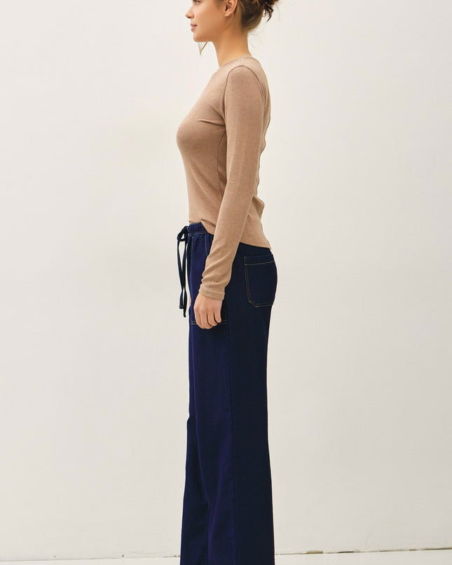 Dark Wash Knit Denim Wide Leg Pull On Pants