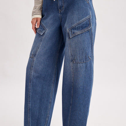 Denim Cargo Drawstring Barrel Jeans - Shop Simply Apparel